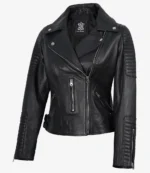 Black leather biker jacket with asymmetric zip closure, quilted detailing on shoulders and arms, and silver hardware. Edgy and stylish design.