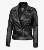 A sleek black leather biker jacket with silver zippers and snap buttons, featuring a stylish collar and belted waist, exuding a cool, edgy vibe.