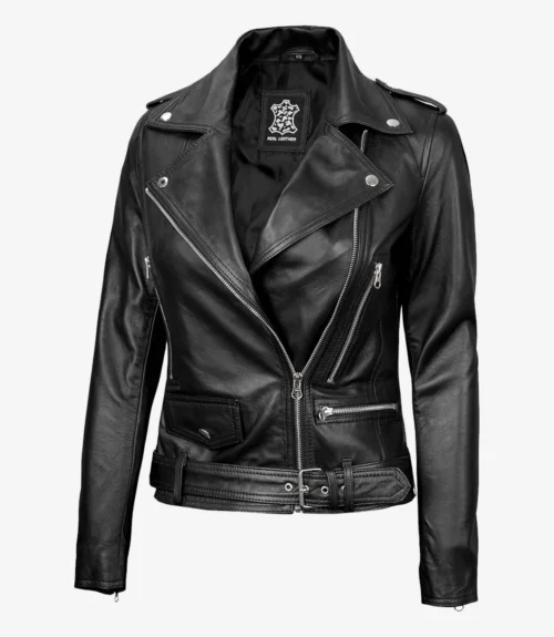 A sleek black leather biker jacket with silver zippers and snap buttons, featuring a stylish collar and belted waist, exuding a cool, edgy vibe.