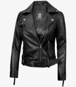 Black leather biker jacket with silver zippers and buttons on a white background. Features a belted waist and stylish lapels, conveying a bold, edgy vibe.