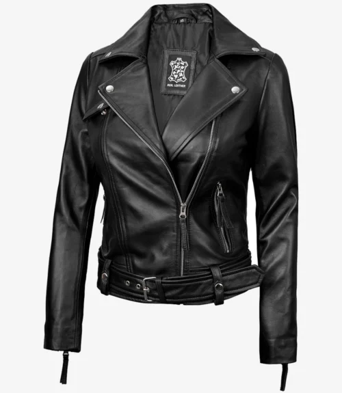 Black leather biker jacket with silver zippers and buttons on a white background. Features a belted waist and stylish lapels, conveying a bold, edgy vibe.