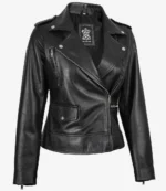 Black leather biker jacket with silver zippers and buttons, featuring notched lapels and a fitted waist. Exudes a sleek, edgy style.