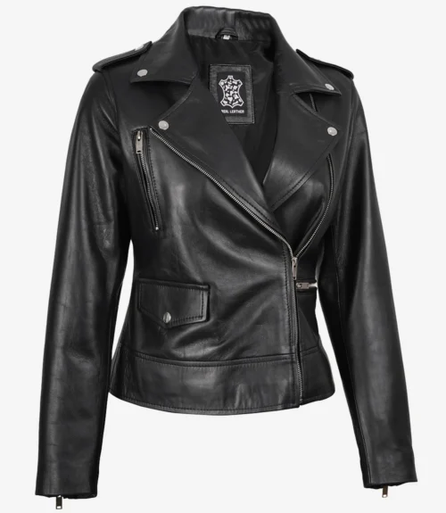 Black leather biker jacket with silver zippers and buttons, featuring notched lapels and a fitted waist. Exudes a sleek, edgy style.
