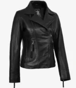 Black leather jacket with an asymmetrical zipper, wide lapels, and zippered pockets. The sleek design conveys a stylish and edgy tone.