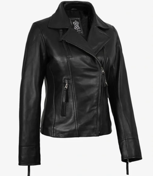 Black leather jacket with an asymmetrical zipper, wide lapels, and zippered pockets. The sleek design conveys a stylish and edgy tone.