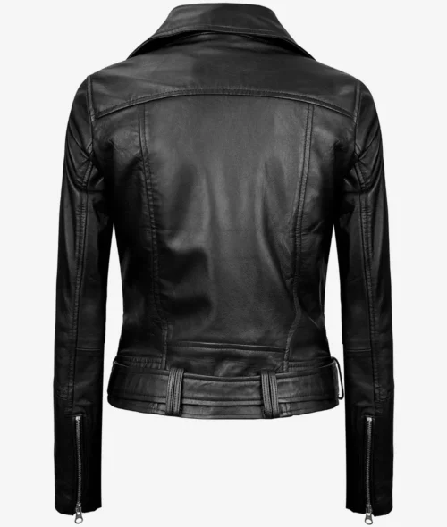 Black leather jacket shown from the back, featuring long sleeves with zippered cuffs and a belted waist. The style is sleek and modern.