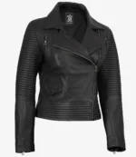 Black leather biker jacket with textured, quilted sleeves and sides, featuring an asymmetrical front zip and lapel collar. Stylish and edgy design.