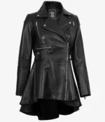 Black leather jacket with asymmetrical zipper, pointed collar, and multiple zippers. The flared hem adds a stylish, edgy touch.
