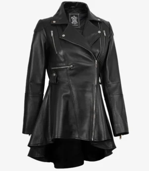 Black leather jacket with asymmetrical zipper, pointed collar, and multiple zippers. The flared hem adds a stylish, edgy touch.