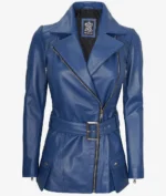 Curved Blue leather jacket with a wide lapel, asymmetric zipper, and belted waist. It has buttoned pockets and a sleek, bold, and stylish look.