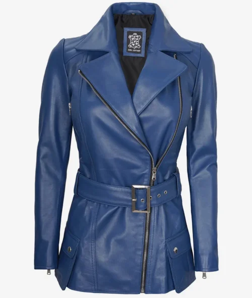 Curved Blue leather jacket with a wide lapel, asymmetric zipper, and belted waist. It has buttoned pockets and a sleek, bold, and stylish look.