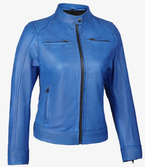 Blue leather jacket with a high collar and zipped front. Features two chest pockets and sleek design, conveying a chic and modern style.