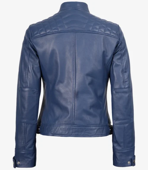 Blue leather jacket view from the back, featuring a quilted shoulder design and buttoned cuffs, exuding a sleek, modern style.