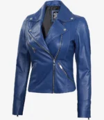 A stylish blue leather jacket with a diagonal zipper, silver snap buttons, and zippered pockets, exuding a sleek and modern look.