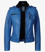 Blue leather jacket with a stand-up collar, multiple zippers, and detailed stitching. It conveys a bold and stylish, edgy fashion statement.