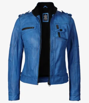 Blue leather jacket with a stand-up collar, multiple zippers, and detailed stitching. It conveys a bold and stylish, edgy fashion statement.