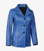 Blue leather jacket with a notched collar and three dark buttons. The jacket has a fitted design, visible stitching, and a smooth texture.