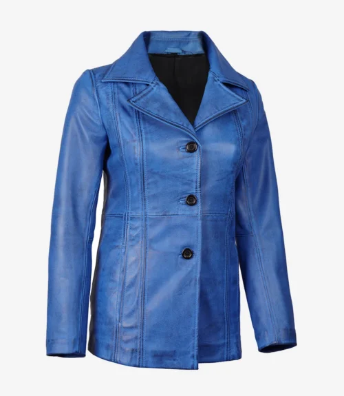 Blue leather jacket with a notched collar and three dark buttons. The jacket has a fitted design, visible stitching, and a smooth texture.