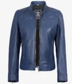 Blue leather jacket with a stand-up collar, front zipper, and side zippered pockets; features sleek lines and a modern, stylish look.