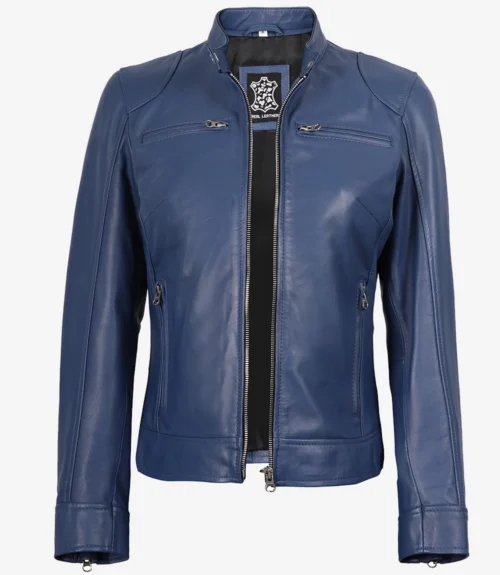 Blue leather jacket with a stand-up collar, front zipper, and side zippered pockets; features sleek lines and a modern, stylish look.