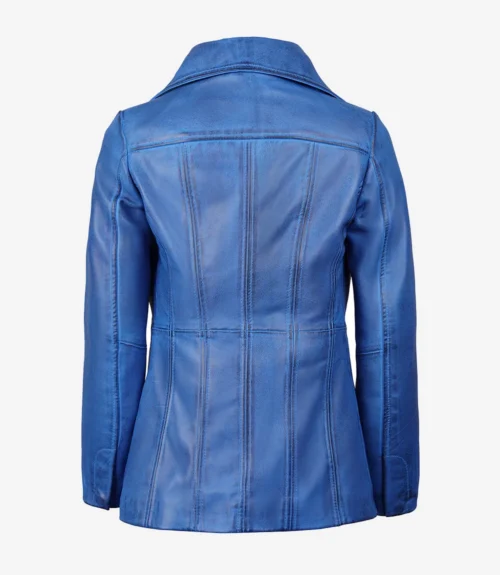 A vibrant blue leather jacket viewed from the back, featuring a wide collar and visible stitched seams. The material appears smooth and slightly glossy.