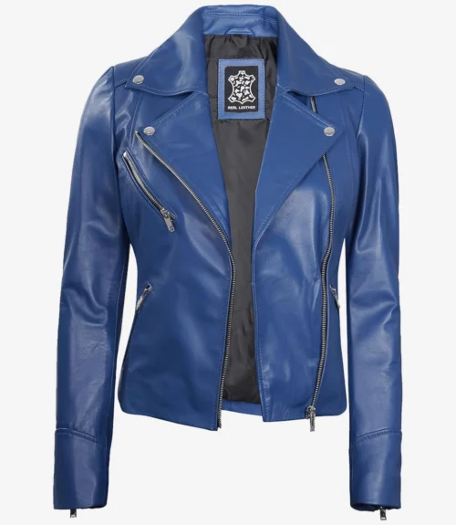 Blue leather jacket with a sleek, glossy finish, featuring silver zippers and buttons. Labels inside highlight genuine leather. Modern and stylish tone.