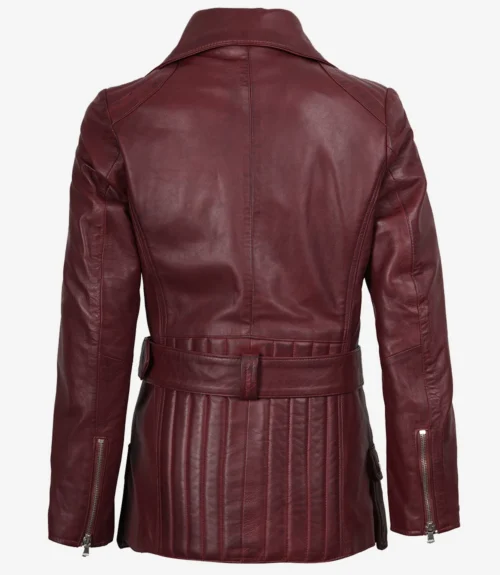 Burgundy leather jacket shown from the back, featuring a belted waist, zippered cuffs, and vertical stitching details for a sleek, modern look.