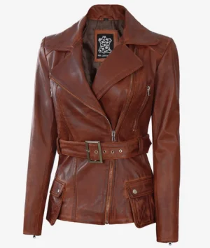 Brown leather jacket with an asymmetrical front zipper, wide lapels, and a belted waist. It conveys a classic, stylish, and edgy look.
