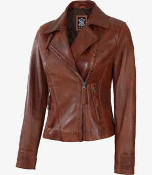 Brown leather jacket on white background, featuring asymmetrical front zipper, wide lapels, and side pockets. The jacket conveys a classic and edgy style.