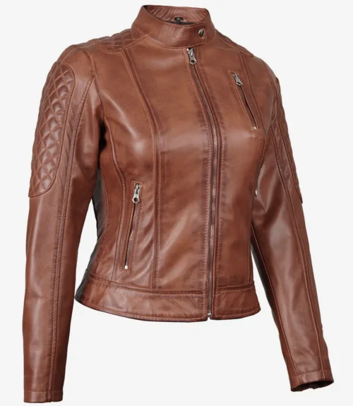 Brown leather jacket with a sleek design featuring quilted shoulder patterns, zippered front, and two side pockets. Modern, stylish, and durable.
