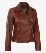 Brown leather jacket with a sleek, fitted design. Features a large collar, asymmetrical zipper, and zippered pockets. The tone is stylish and edgy.