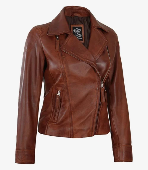 Brown leather jacket with a sleek, fitted design. Features a large collar, asymmetrical zipper, and zippered pockets. The tone is stylish and edgy.