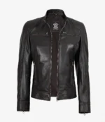 A sleek black leather jacket with zippered pockets and cuffs, exuding a cool, edgy vibe. The smooth texture and structured design convey quality.