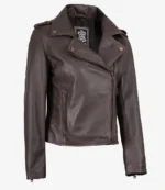 Dark brown leather biker jacket with asymmetrical zipper, shoulder epaulets, and zipper pockets. Its sleek design conveys a cool, edgy style.