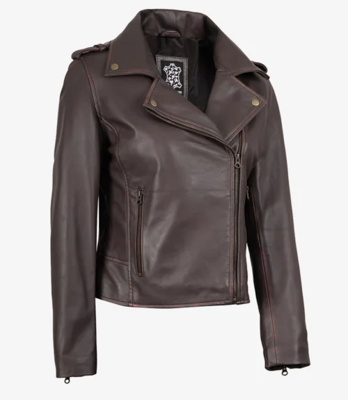 Dark brown leather biker jacket with asymmetrical zipper, shoulder epaulets, and zipper pockets. Its sleek design conveys a cool, edgy style.