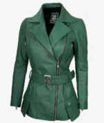 Green leather jacket with an asymmetrical zipper, belted waist, and notched lapels. Features zipper pockets and a smooth, polished finish.