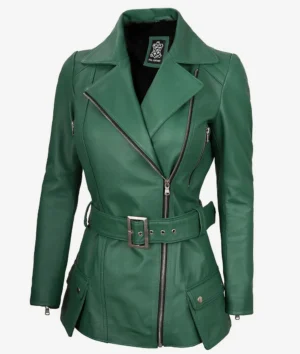 Green leather jacket with an asymmetrical zipper, belted waist, and notched lapels. Features zipper pockets and a smooth, polished finish.