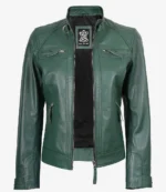 Green leather jacket with multiple zippers, front pockets, and a collarless design. The jacket has a modern, stylish look with an open front.