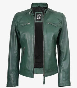 Green leather jacket with multiple zippers, front pockets, and a collarless design. The jacket has a modern, stylish look with an open front.