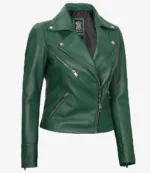 Green leather motorcycle jacket with silver zippers and snap details on the collar. It has a sleek, edgy design, conveying a bold, stylish tone.