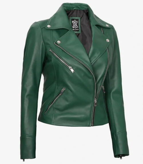Green leather motorcycle jacket with silver zippers and snap details on the collar. It has a sleek, edgy design, conveying a bold, stylish tone.