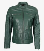 A green leather jacket with a sleek design, featuring a stand collar and zippered chest and side pockets. It has quilted shoulder pads and a front zip closure.