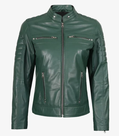 A green leather jacket with a sleek design, featuring a stand collar and zippered chest and side pockets. It has quilted shoulder pads and a front zip closure.