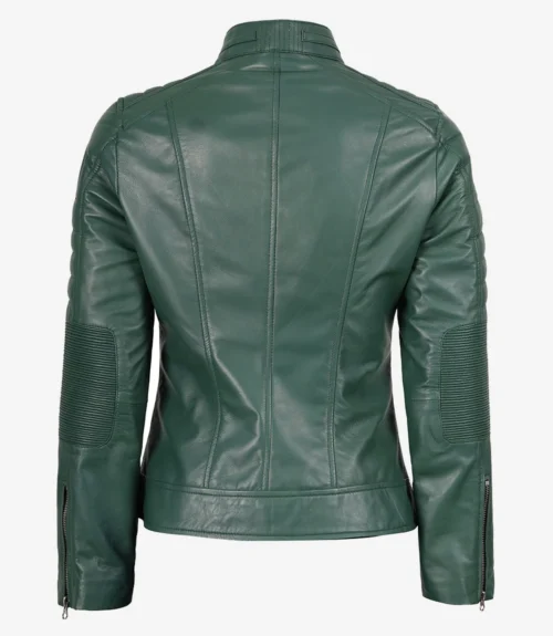 Green leather jacket displayed from the back, featuring detailed stitching, quilted elbow patches, and zipped cuffs. The design is sleek and modern.