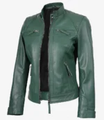 Green leather jacket with a sleek design, featuring a front zipper, zippered chest and side pockets, and a high collar, conveying a stylish, modern look.