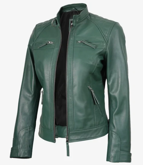 Green leather jacket with a sleek design, featuring a front zipper, zippered chest and side pockets, and a high collar, conveying a stylish, modern look.