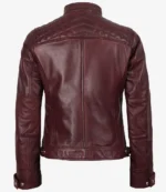 Back view of a deep burgundy leather jacket with quilted shoulders. The jacket has a sleek design with adjustable belts at the waist and cuffs.
