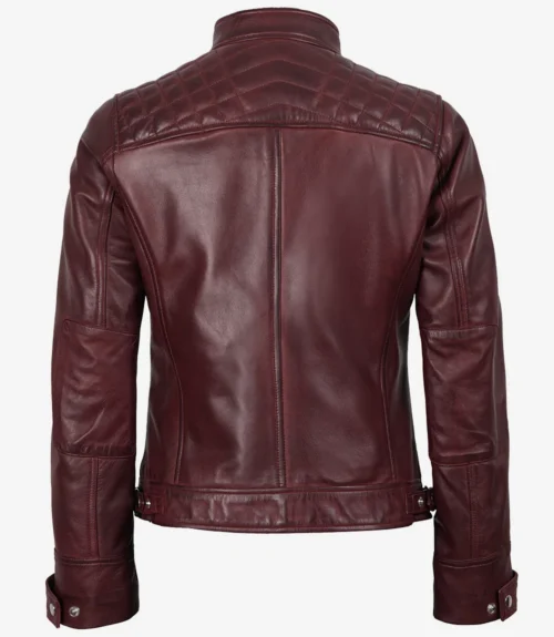 Back view of a deep burgundy leather jacket with quilted shoulders. The jacket has a sleek design with adjustable belts at the waist and cuffs.