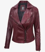 Deep red leather jacket with asymmetrical zip closure, notch lapels, and shoulder details. The jacket's sleek design conveys a bold, stylish tone.