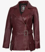 Deep burgundy leather jacket with a wide collar, belted waist, and zipper details, conveying a sleek and stylish look.